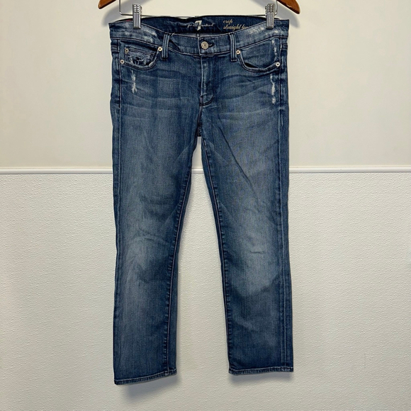 7 For All Mankind Women’s Distressed Blue Crop Straight Leg Jeans Size 28 - Picture 9 of 16